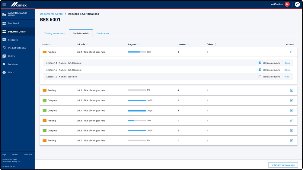 Learning Materials and Participant's Progress Inside a Training